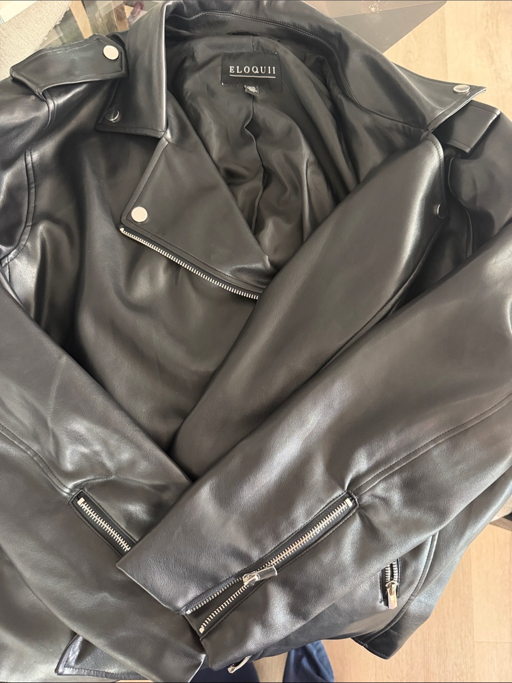 Eloquii Black Faux Leather Moto Jacket with Silver Zippers